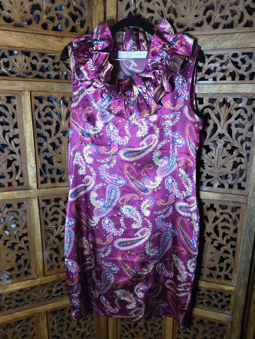 Tracy Negoshian Magenta Paisley Ruffle Neck Kids Dress